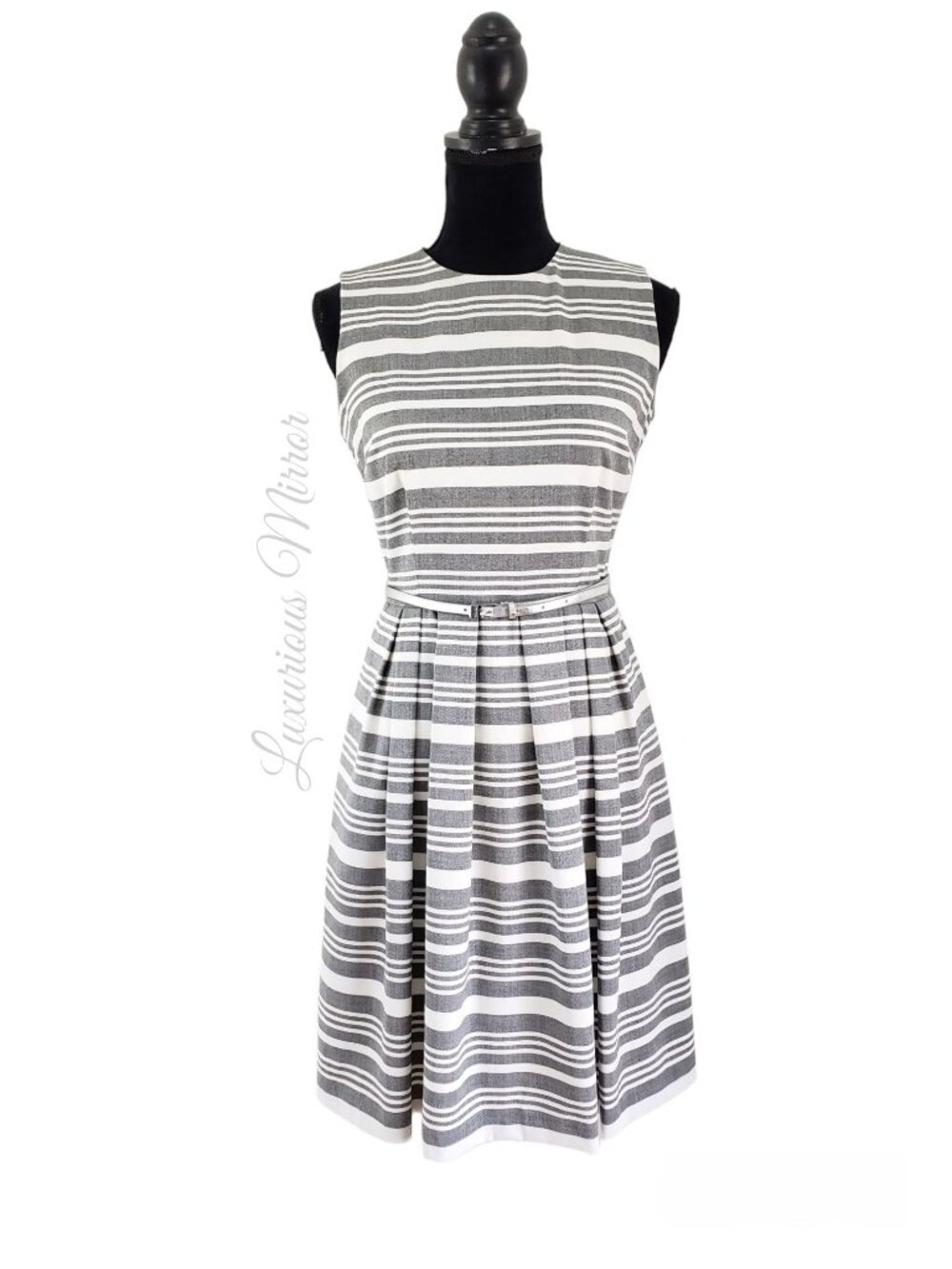 Calvin Klein Dress Fit & Flare Gray Pleated Striped Sleeveless Women's Sz 4 NEW